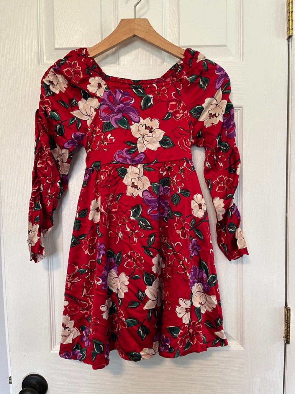 Girls Red Floral Long-Sleeve Casual Dress